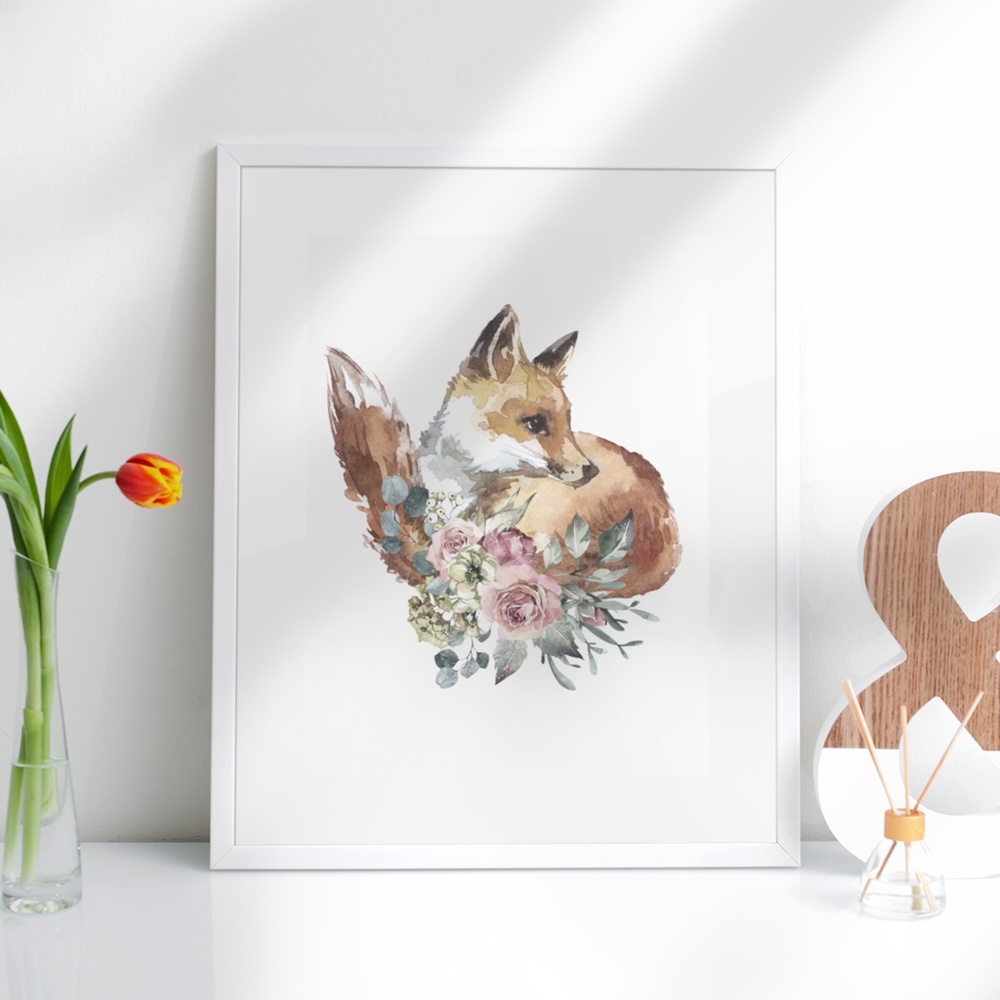 Watercolor Floral Red Fox Portrait Wall Art Illustration Print Poster Unframed - Picture 4 of 17